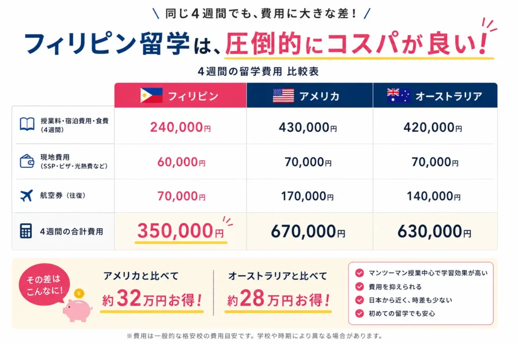 フィリピン留学と欧米留学の費用の違い